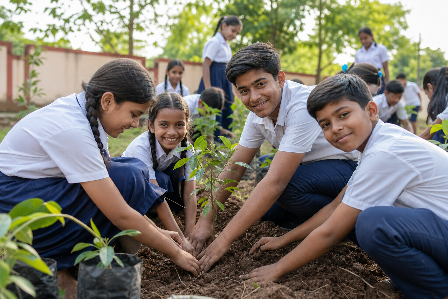 Young people taking part in a tree plantation and environmental awareness drive
